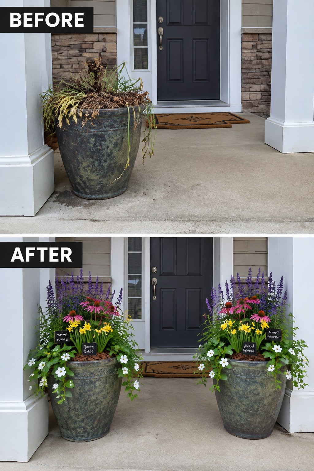 Before-and-after porch planters: dead overgrown plants replaced by vibrant blooming flowers.
