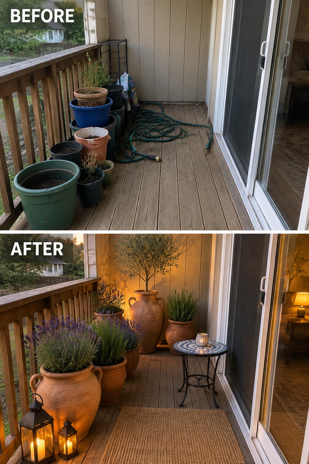 Before-and-after of cluttered wooden porch with plastic pots transformed into tidy terracotta planters and lanterns