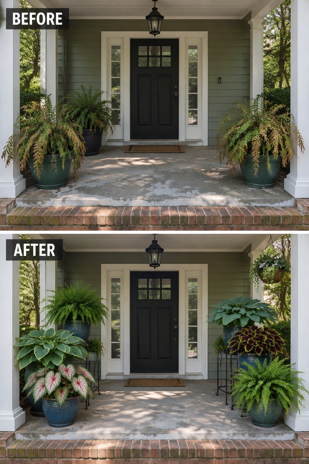 Before-and-after image of a front porch with container plants updated from two matching fern pots on the ground to a layered arrangement using varied pots and heights.