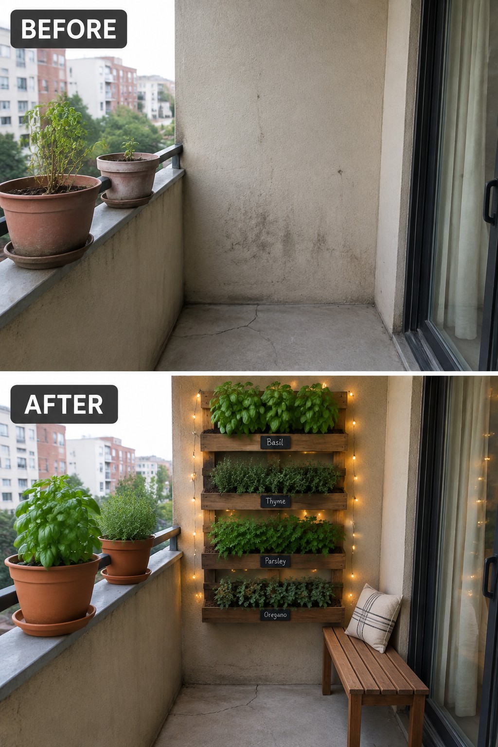Before-and-after balcony with vertical herb garden, string lights, and wooden bench
