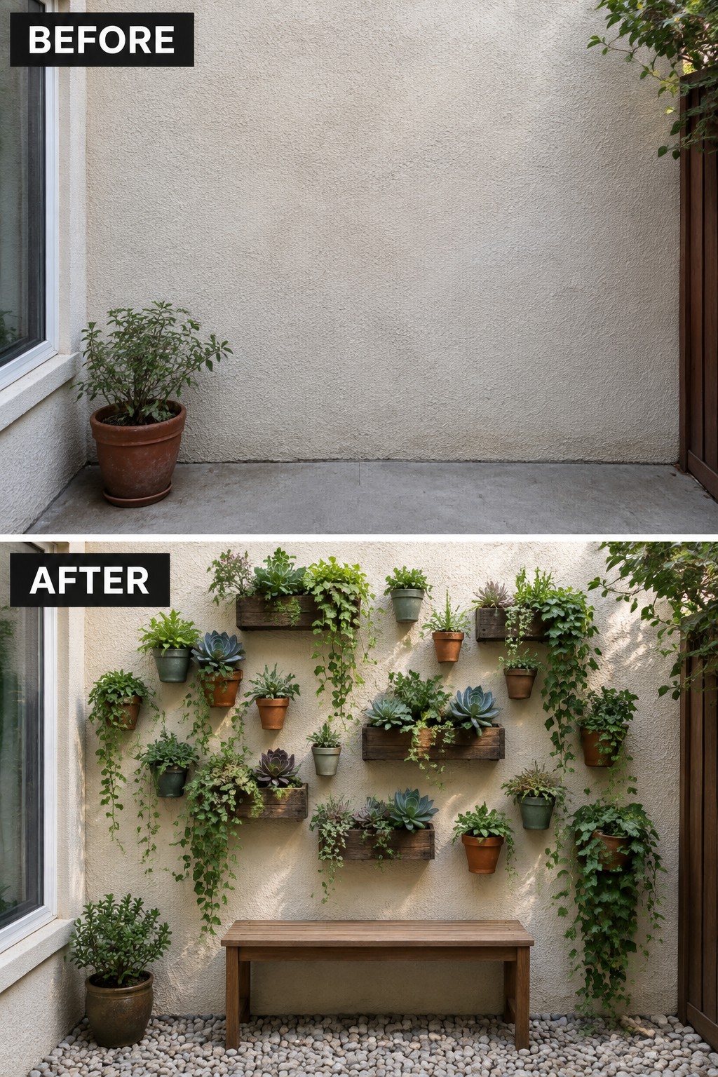 Before and after of bare wall transformed into lush plant-covered garden with bench