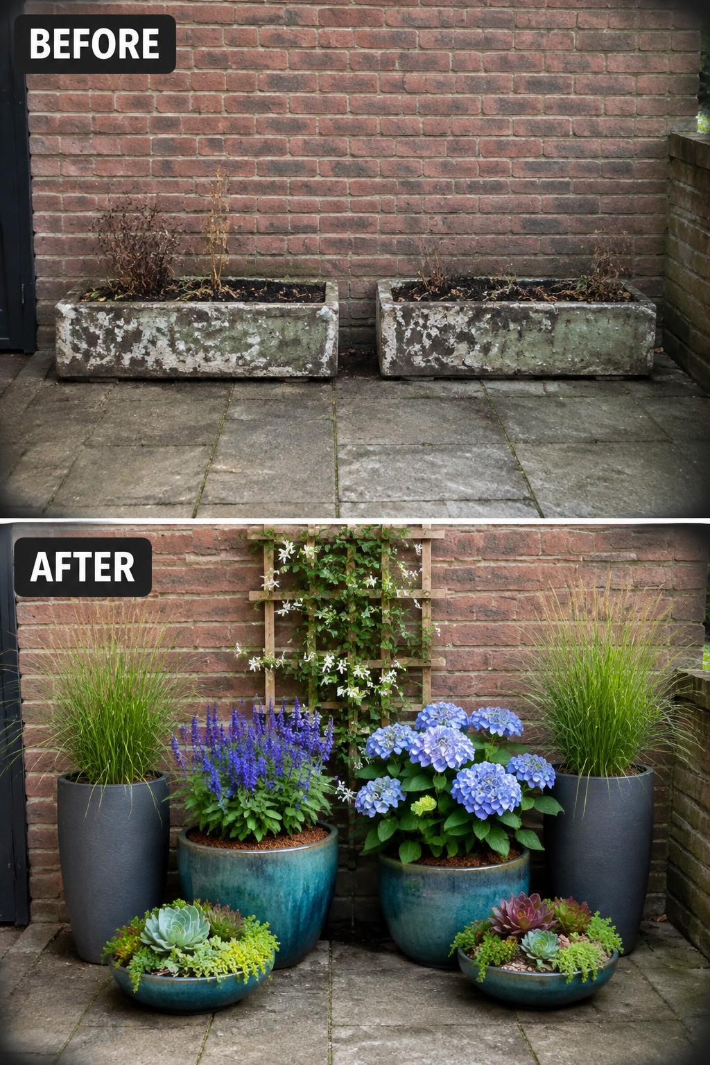 Before and after patio with dead plants replaced by colorful flowers and succulents.
