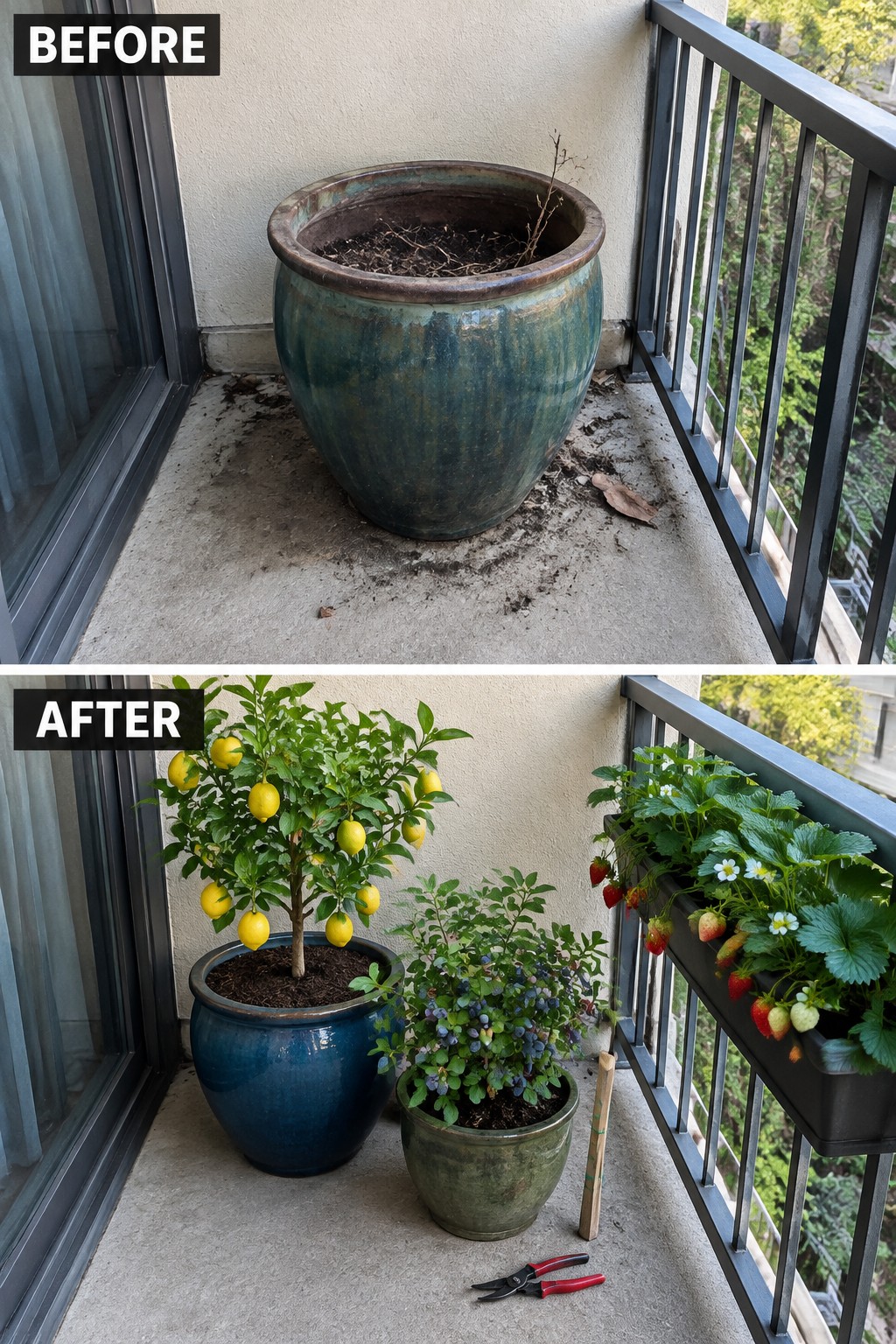 Before-and-after balcony with lemon tree in blue pot, blueberry bush, and strawberry planter