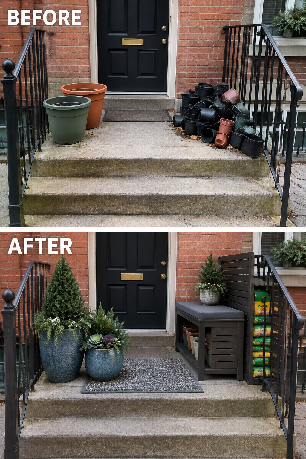 Before cluttered pots, after tidy planters, bench and storage on brick steps