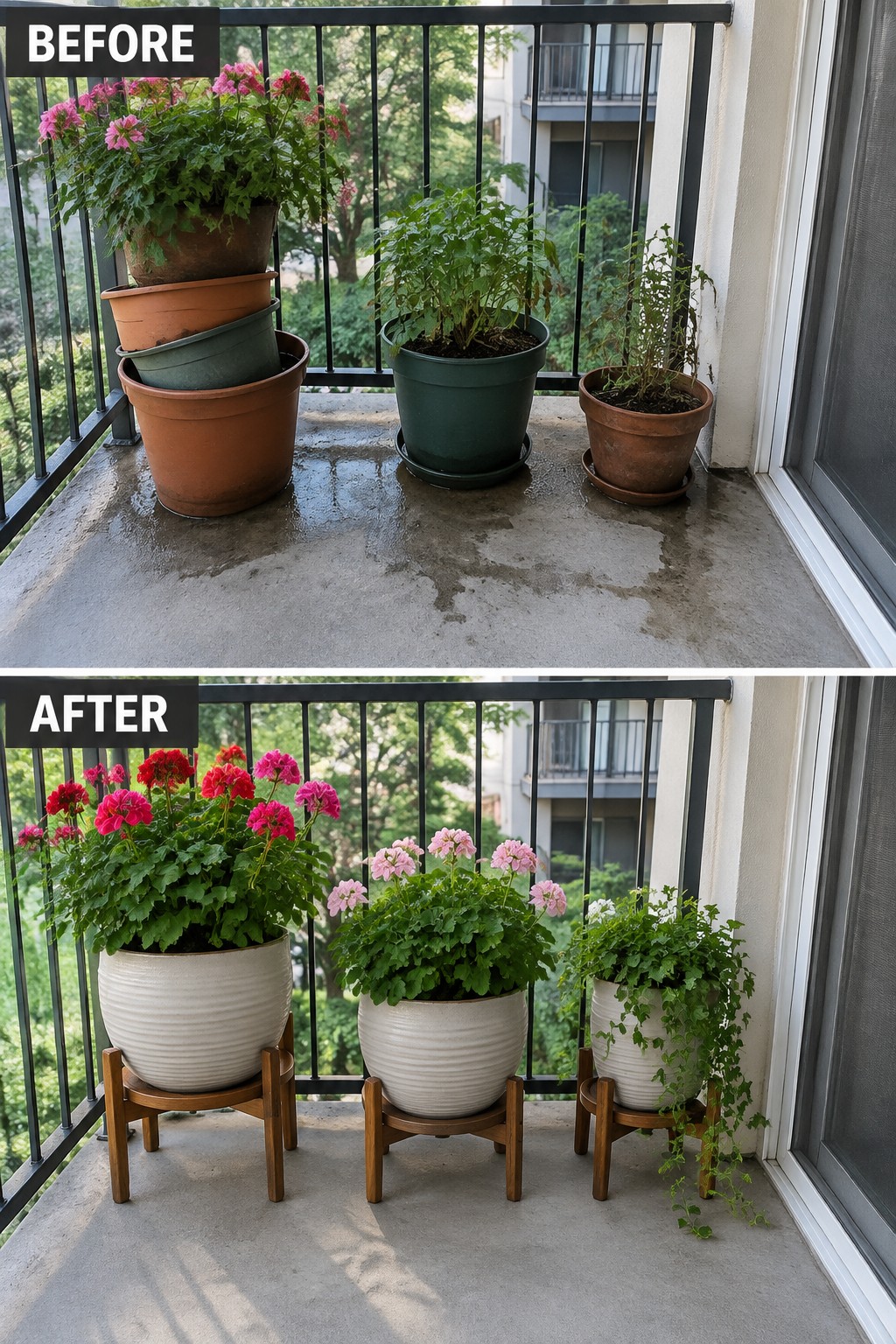 Before-after balcony plants: stacked dirty pots vs. neat white pots on wooden stands.