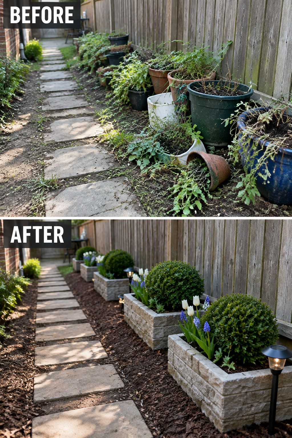 Before and after of messy potted plants transformed into neat stone flower planters with lights
