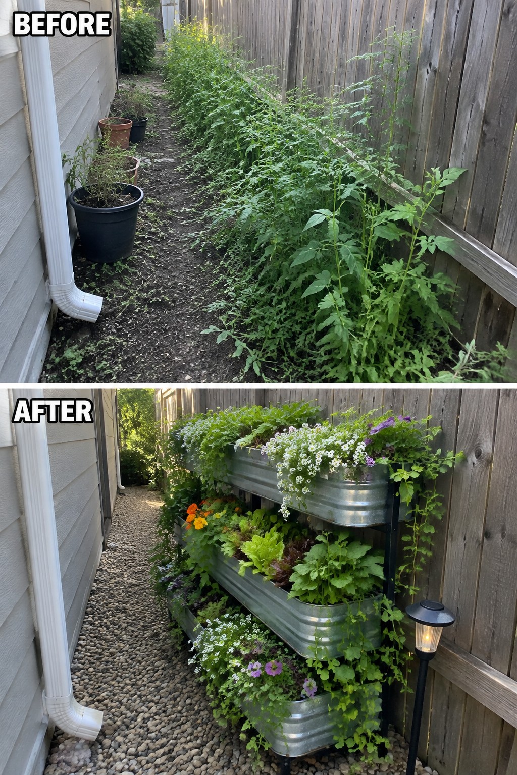 Before and after of weedy alley transformed into vertical metal trough planters on fence.
