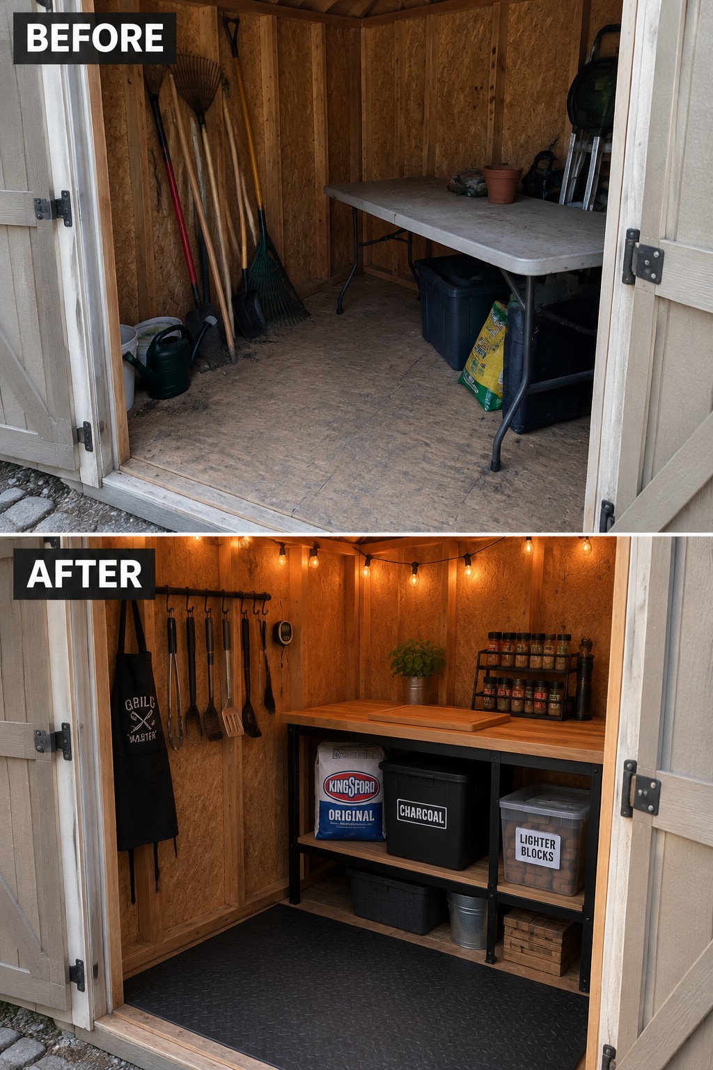 Before-and-after shed transformation from cluttered storage to organized grilling station with lights and tools.