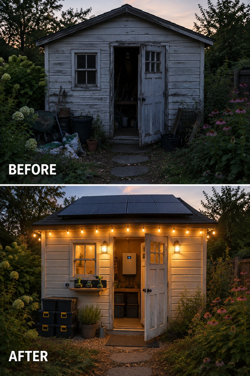 Before and after of rundown shed renovated with solar panels, lights, and storage.