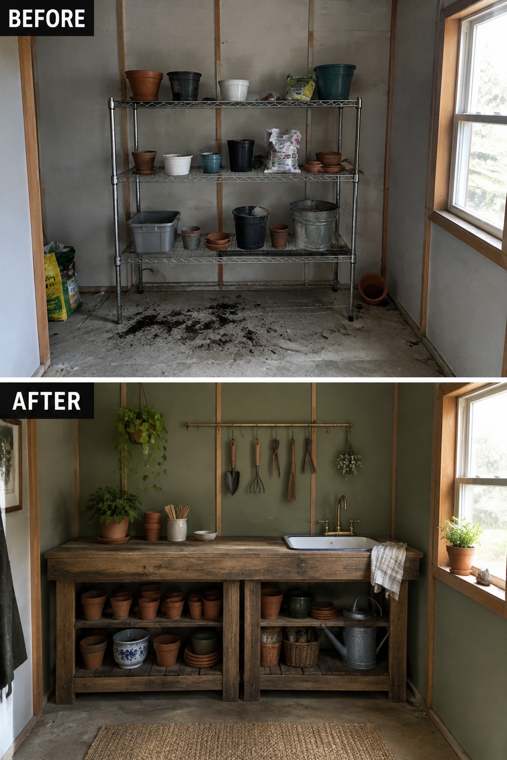 Before-and-after of cluttered shed shelves transformed into organized green potting bench with sink.