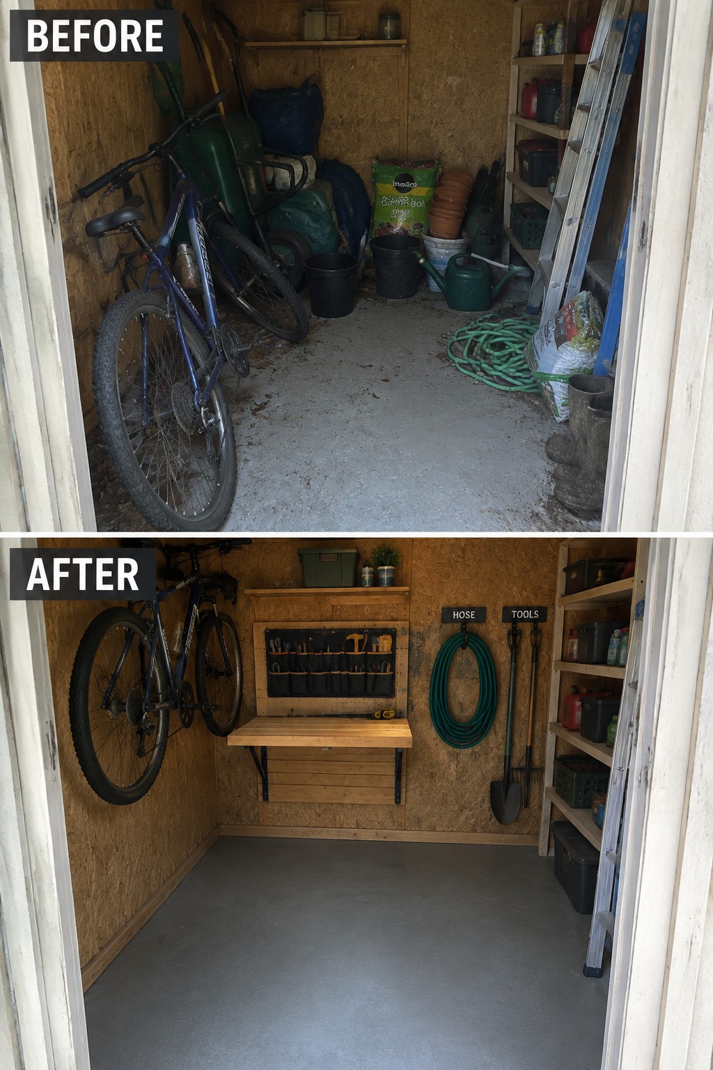 Before-and-after image of a cluttered garden shed reorganized with wall-mounted bike storage, a fold-down workbench, and labeled hooks for tools and hose.