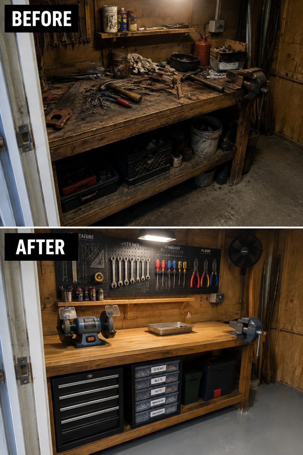 Before and after of cluttered workshop bench turned organized with pegboard and tools.