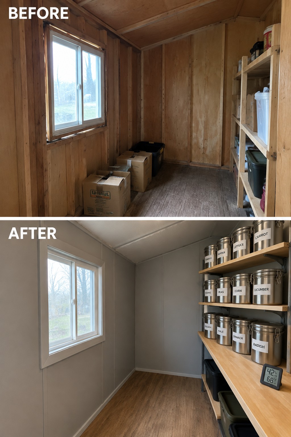 Before and after of cluttered wooden shed transformed into organized gray pantry with labeled cans