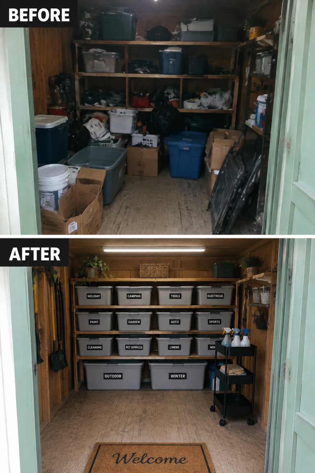 Before cluttered and after organized shed with labeled gray storage bins on shelves.