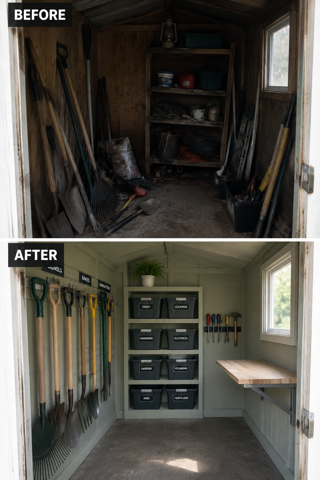 Before-and-after views of cluttered shed transformed into organized space with labeled bins and wall tools.