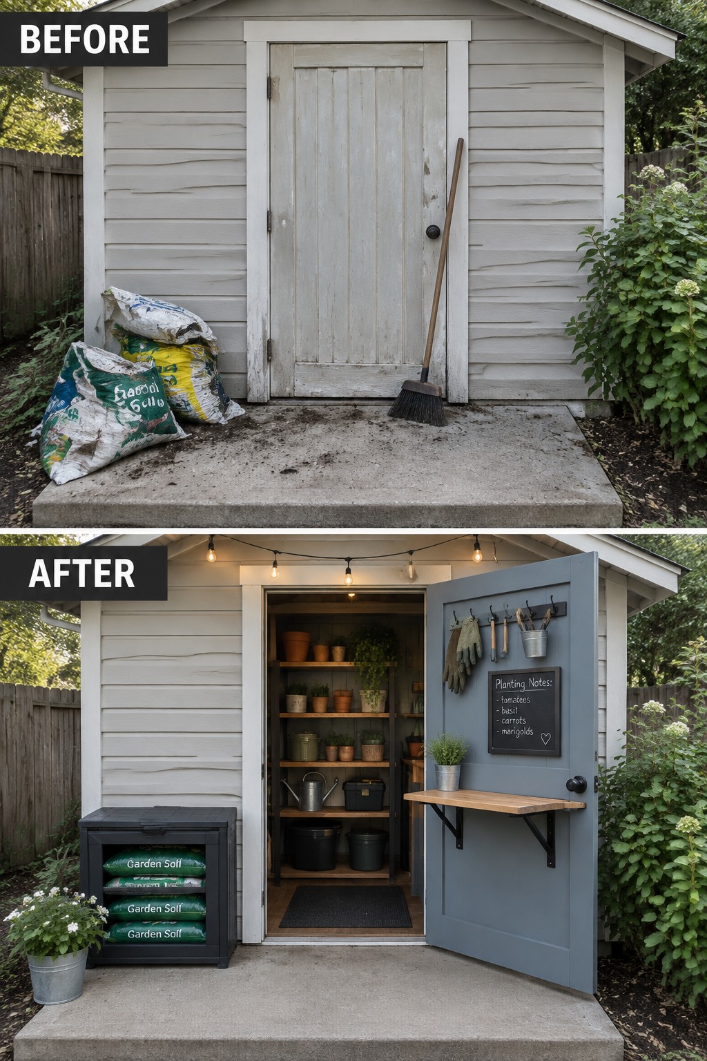 Before and after of neglected white shed transformed into organized blue garden shed with lights