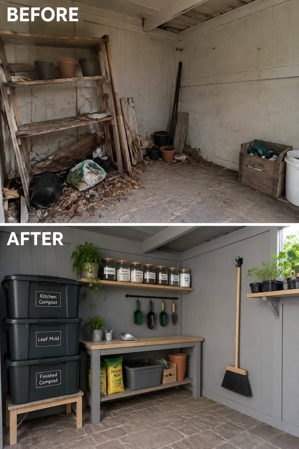 Before and after of cluttered shed transformed into organized gardening storage space.