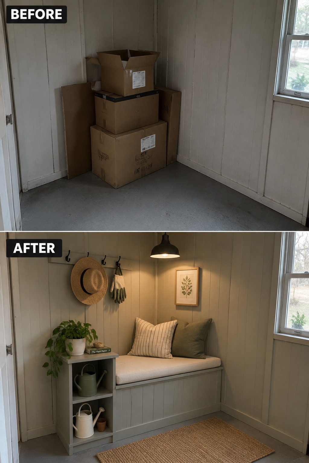 Before cluttered boxes and after organized entryway with bench, hooks, and plants.
