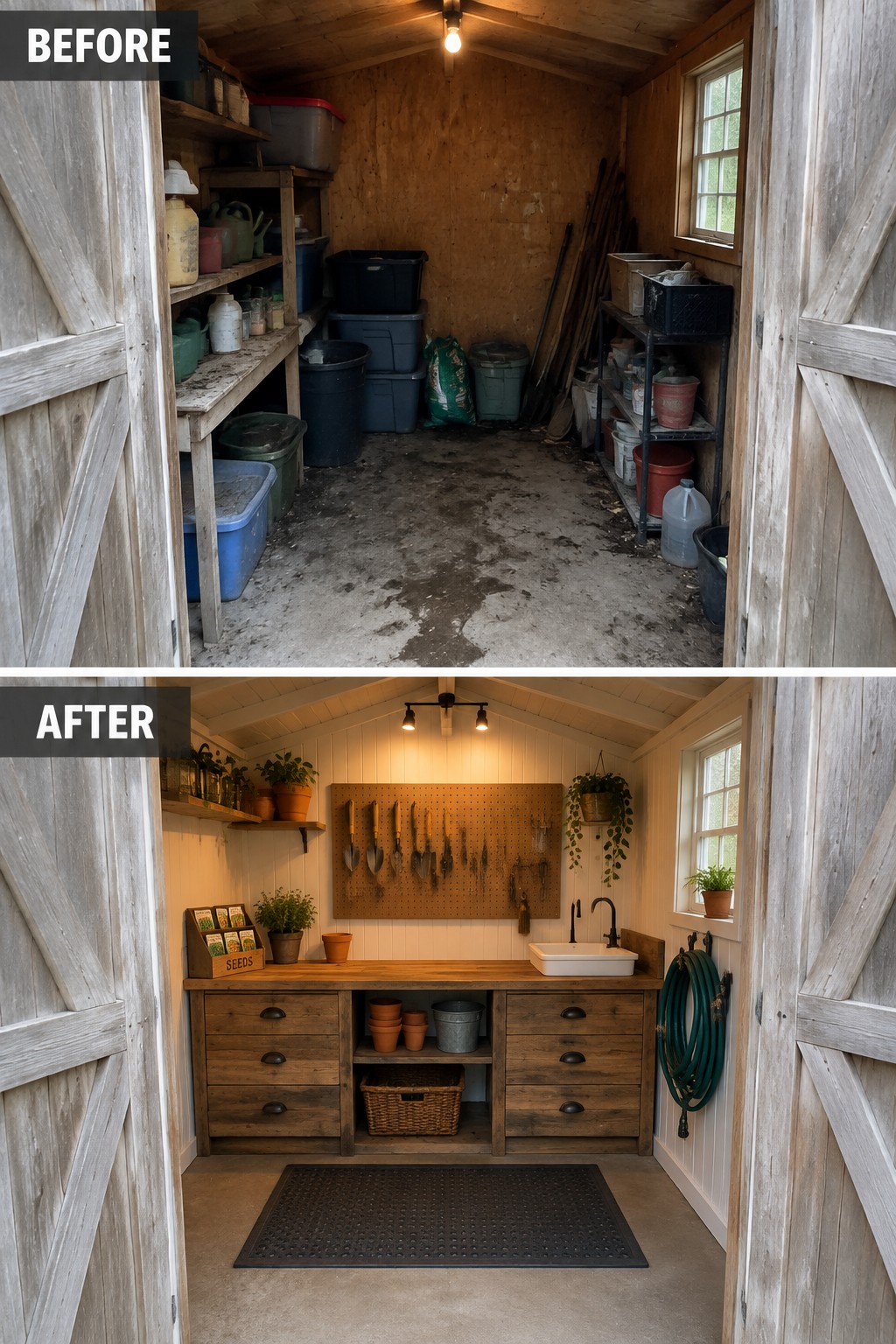 Before and after of cluttered shed transformed into organized potting workspace with sink and tools.