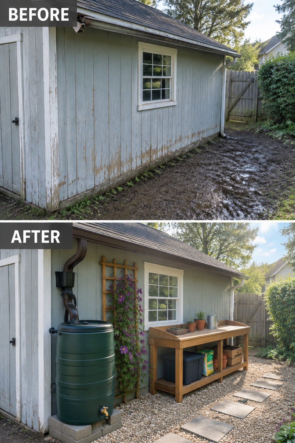 Before muddy shed yard and after with rain barrel, trellis, bench, and gravel path.