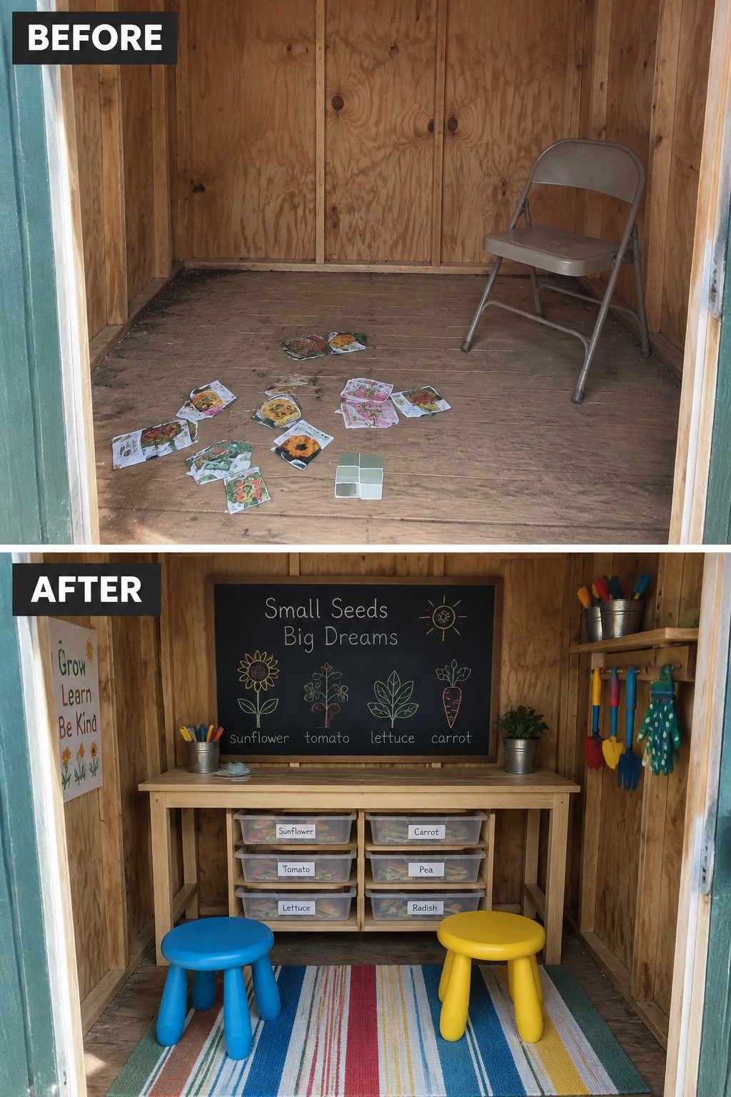 Before-and-after view of cluttered shed transformed into organized kids' gardening station with chalkboard and stools.