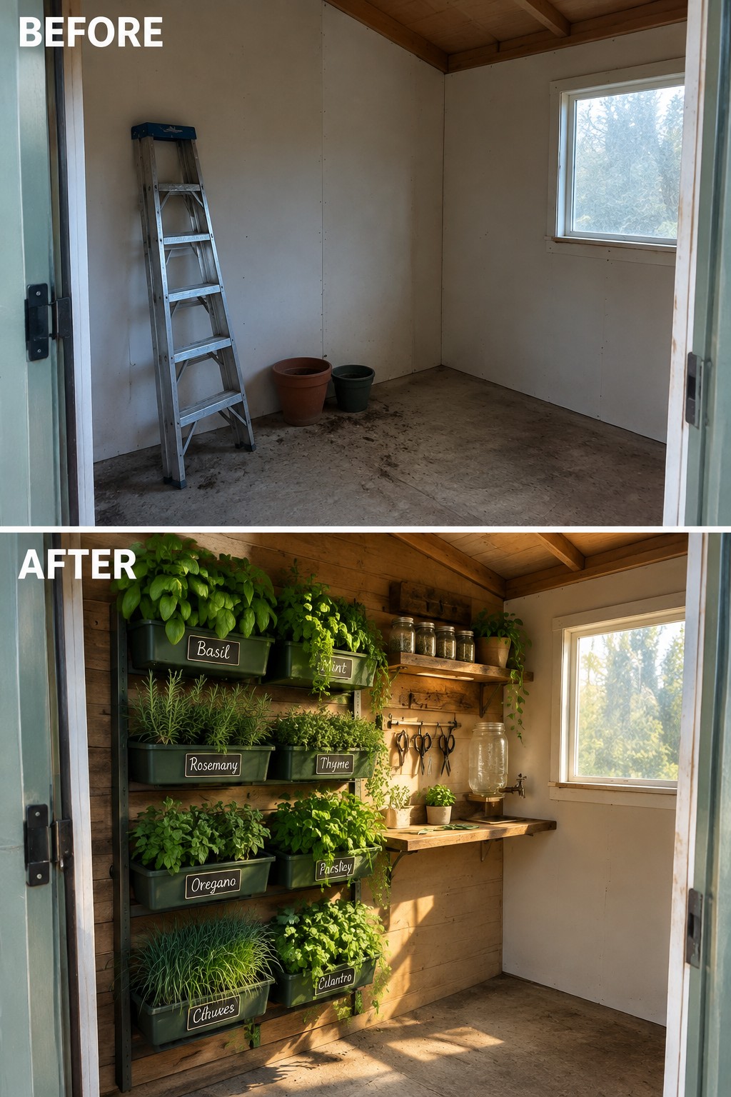 Before and after of empty shed versus wooden wall with labeled herb planters.