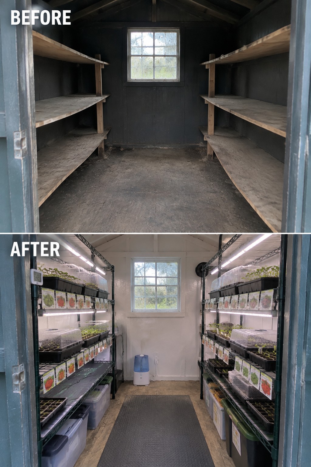 Before-and-after image of an empty garden shed converted into an organized seedling station with grow lights, labeled plant trays, and storage bins.