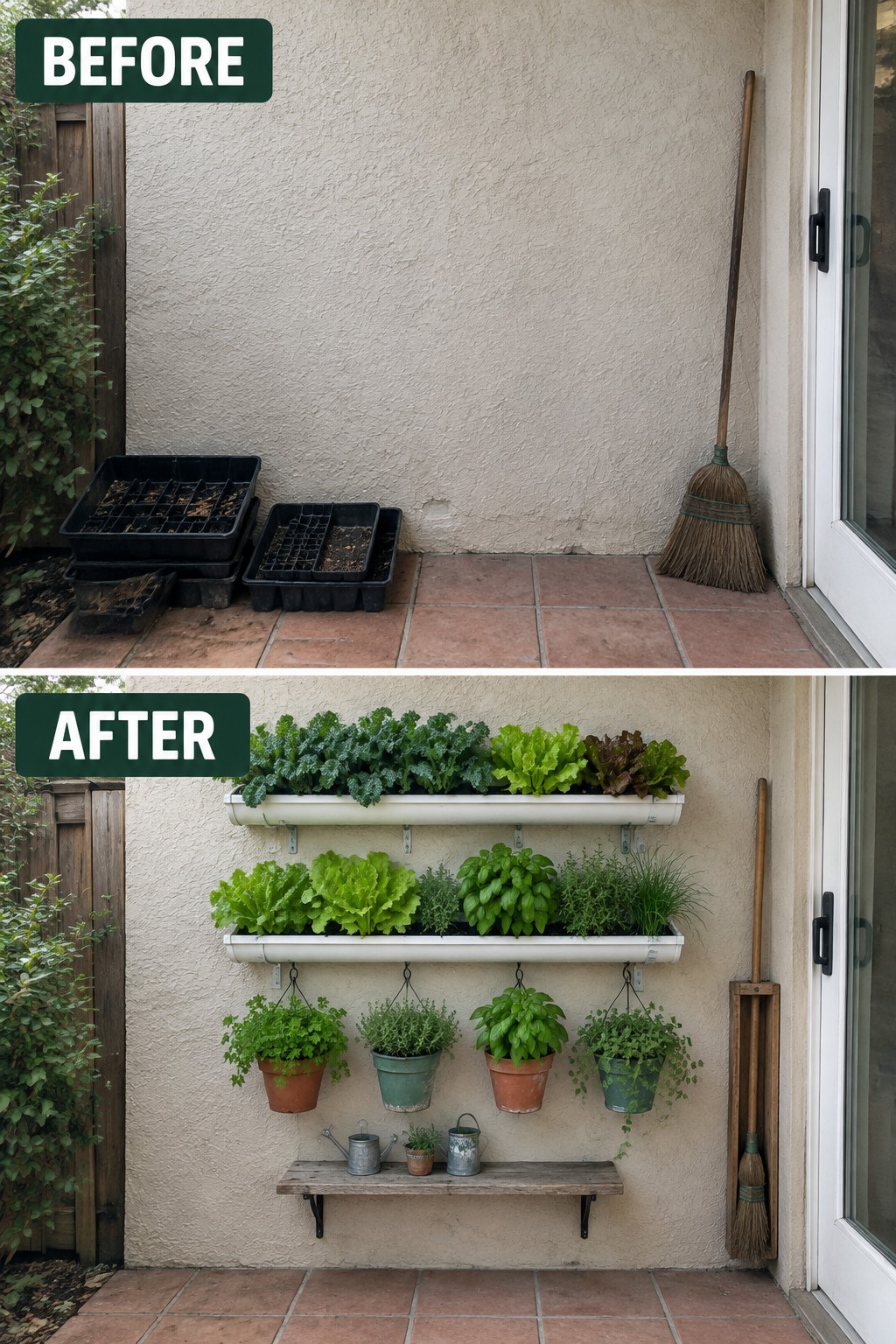 Before-and-after patio wall with seedling trays transformed into vertical garden planters and hanging pots