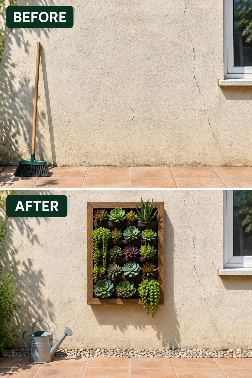Before-and-after of wooden succulent wall planter on beige wall with broom and watering can