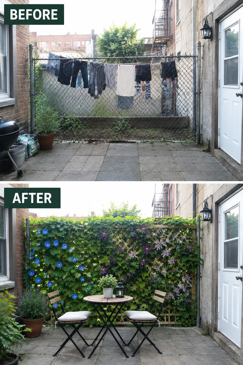 Before-and-after patio with laundry on chain-link fence transformed into floral trellis and bistro set