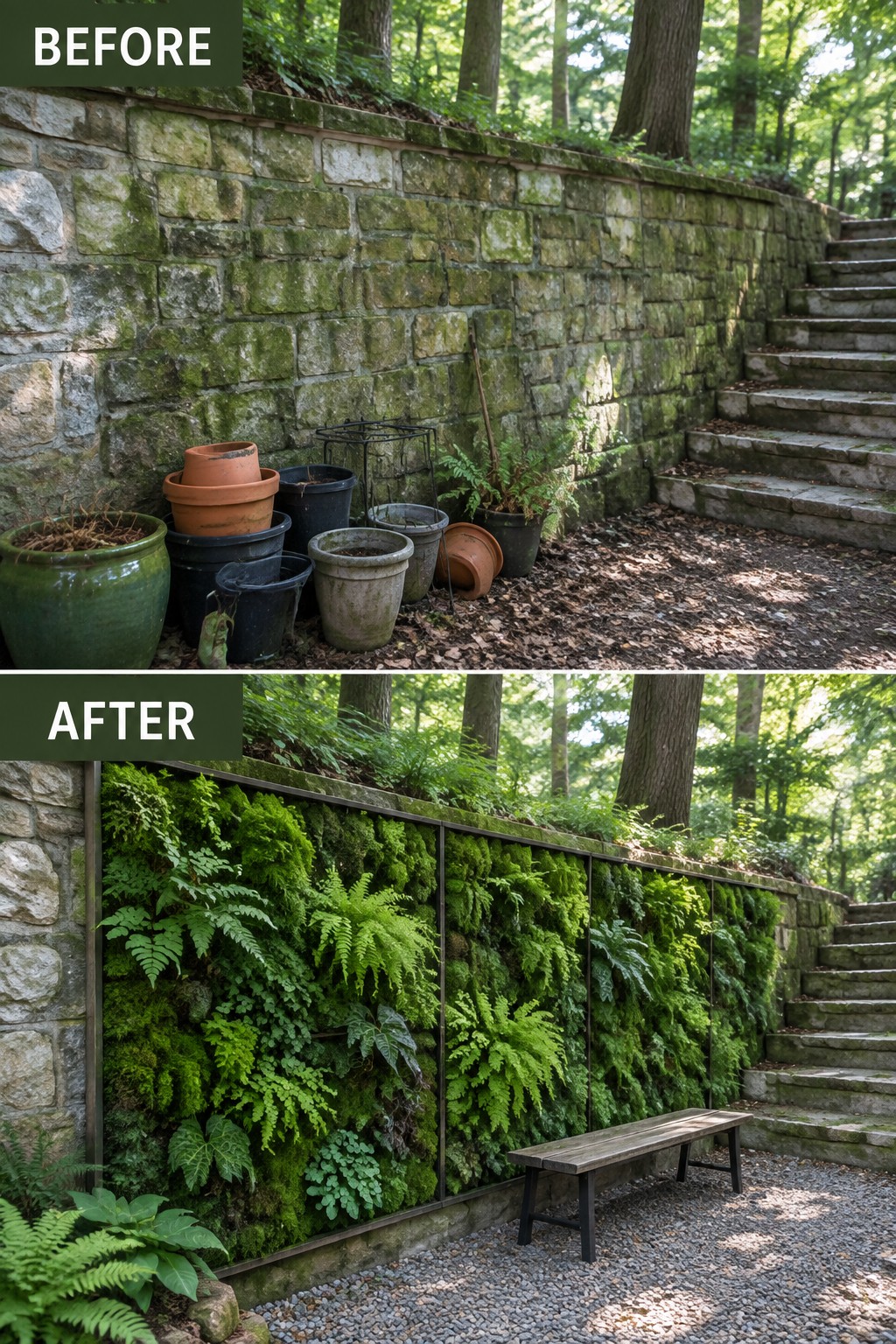 Before-and-after image of a stone retaining wall with scattered pots changed into a lush vertical garden covered in ferns and moss with a bench added.