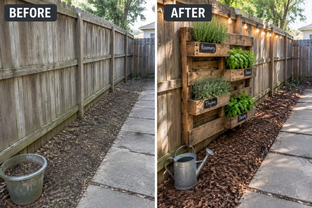 22 Budget Garden Makeover Ideas Featuring Vertical Planting Before and after backyard fence transformed into vertical wooden herb garden with lights.