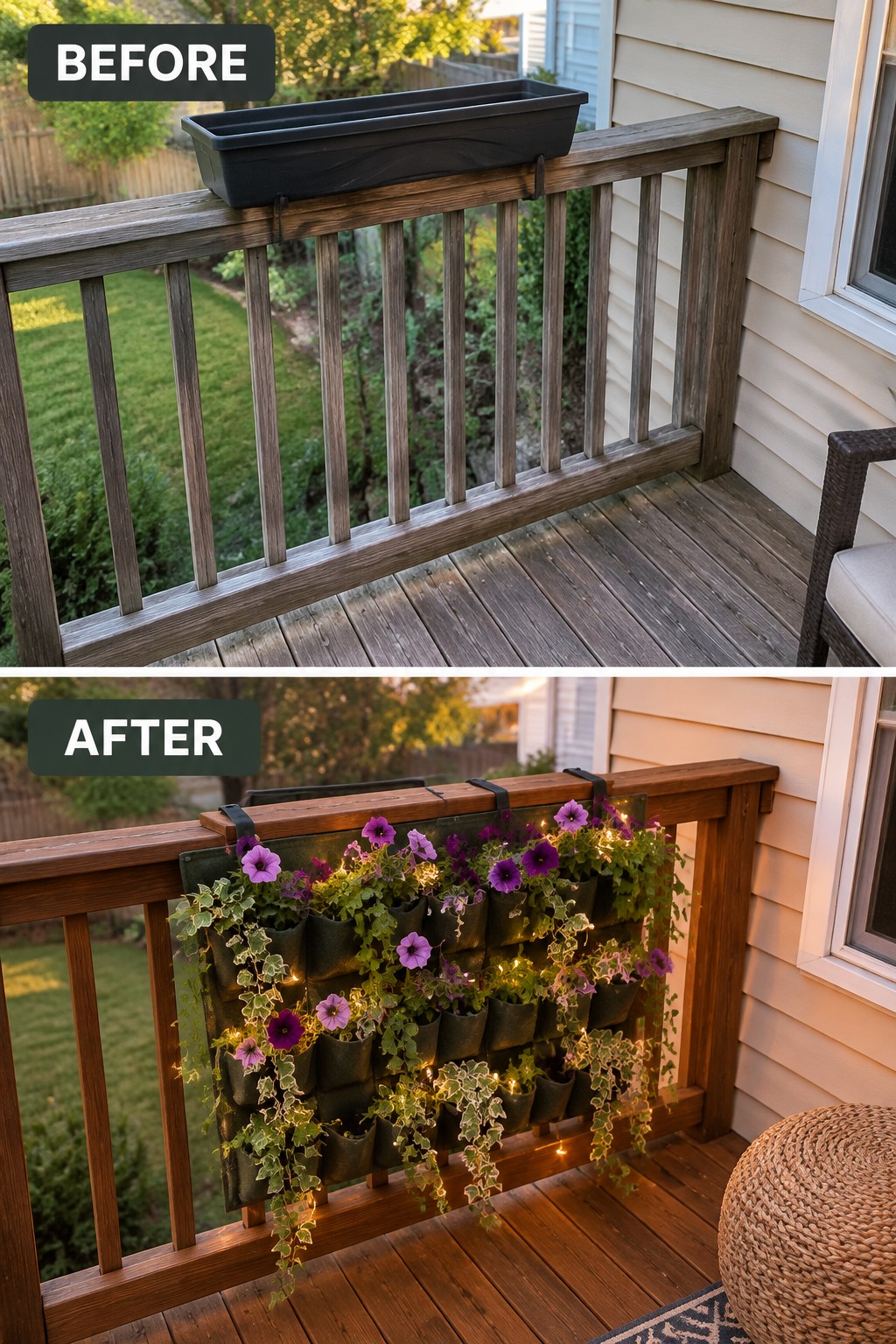 Before and after wooden deck railing with single planter above vertical flower garden with lights
