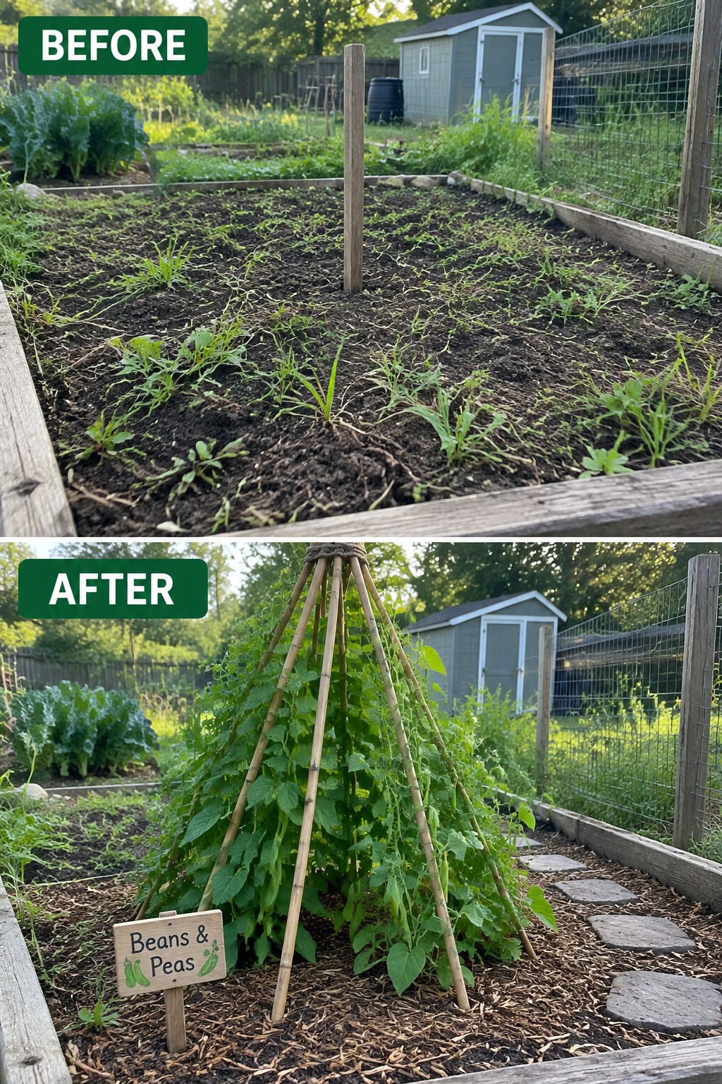 Before-and-after image of a weedy garden bed changed into a structured planting area with a bamboo teepee supporting beans and peas, mulch, and stepping stones.