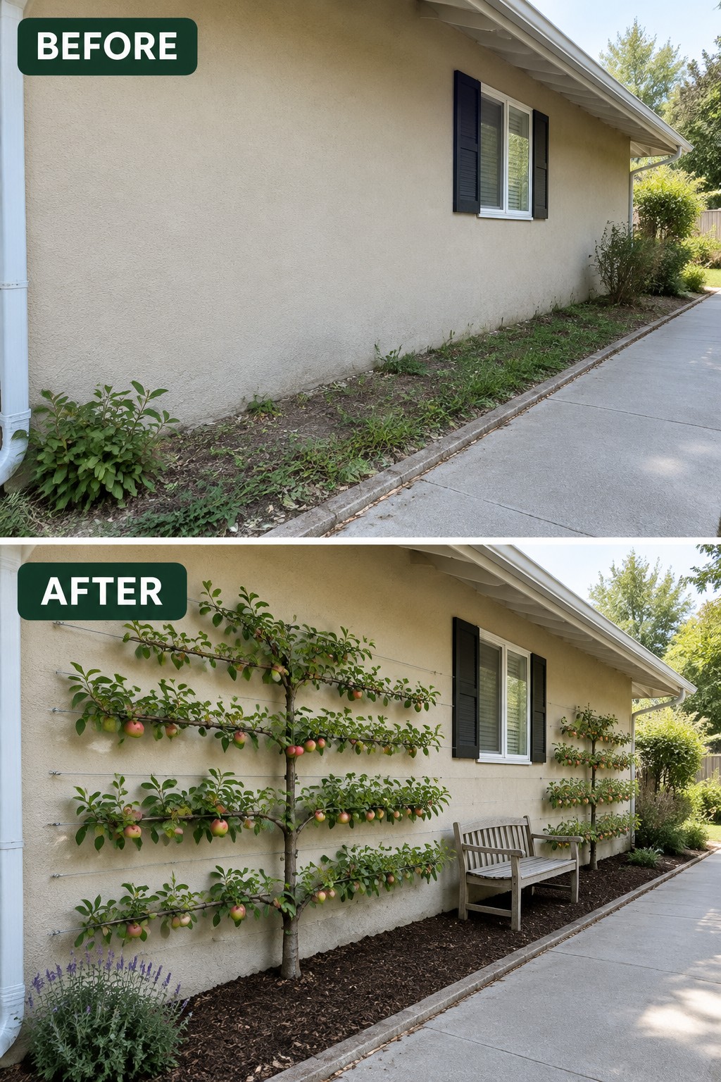 Before-and-after image of a bare garden bed next to a house wall changed into a vertical planting with espaliered fruit trees trained on wires.