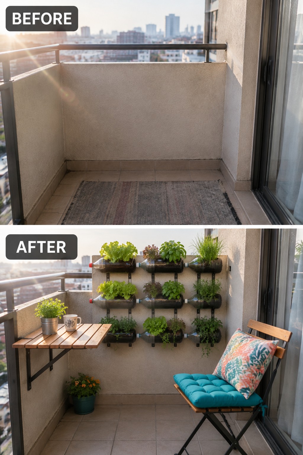 Before-and-after image of a bare balcony transformed with vertical bottle gardens and added seating.