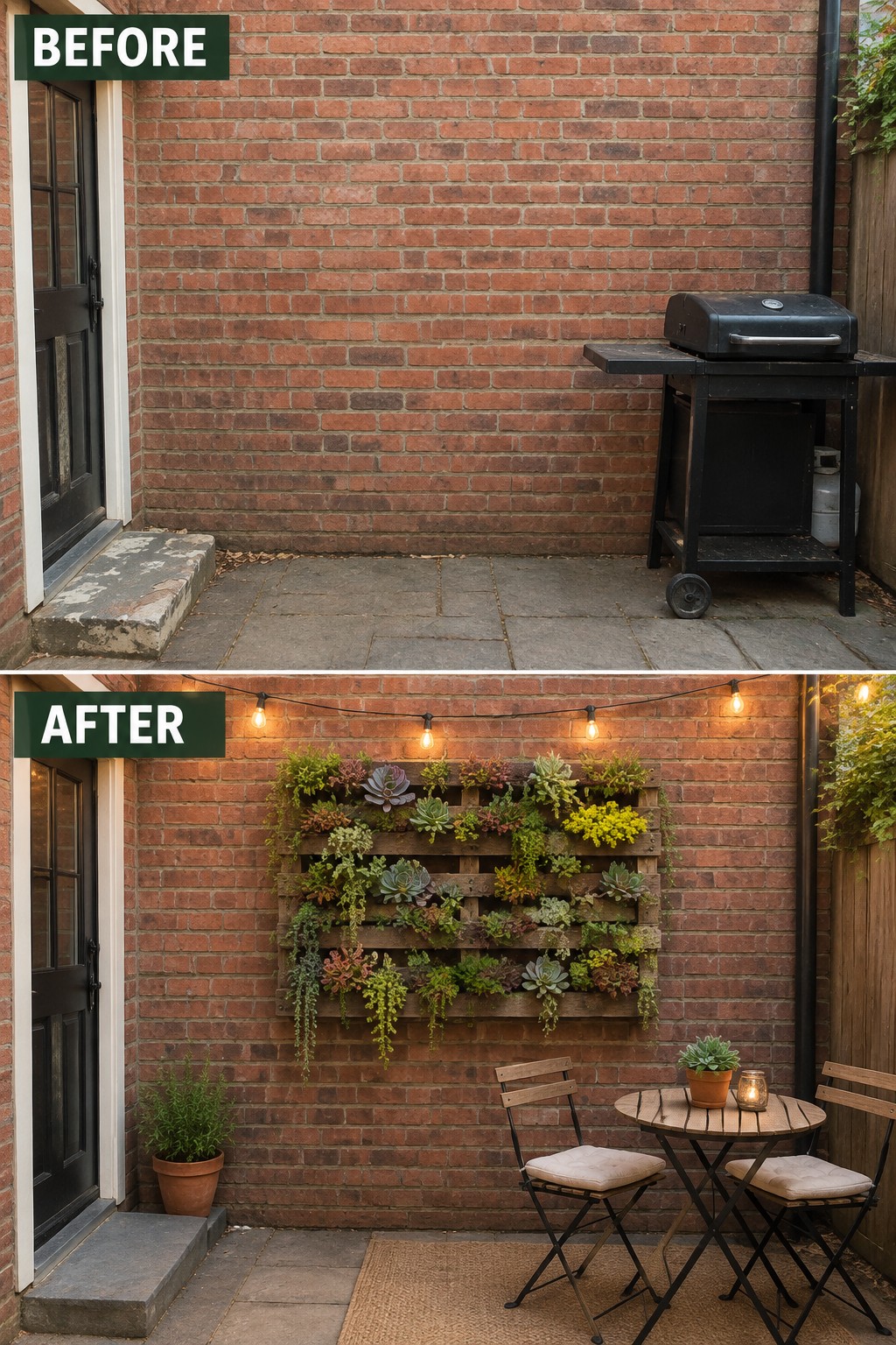 Before and after brick patio with vertical succulent garden and bistro set.