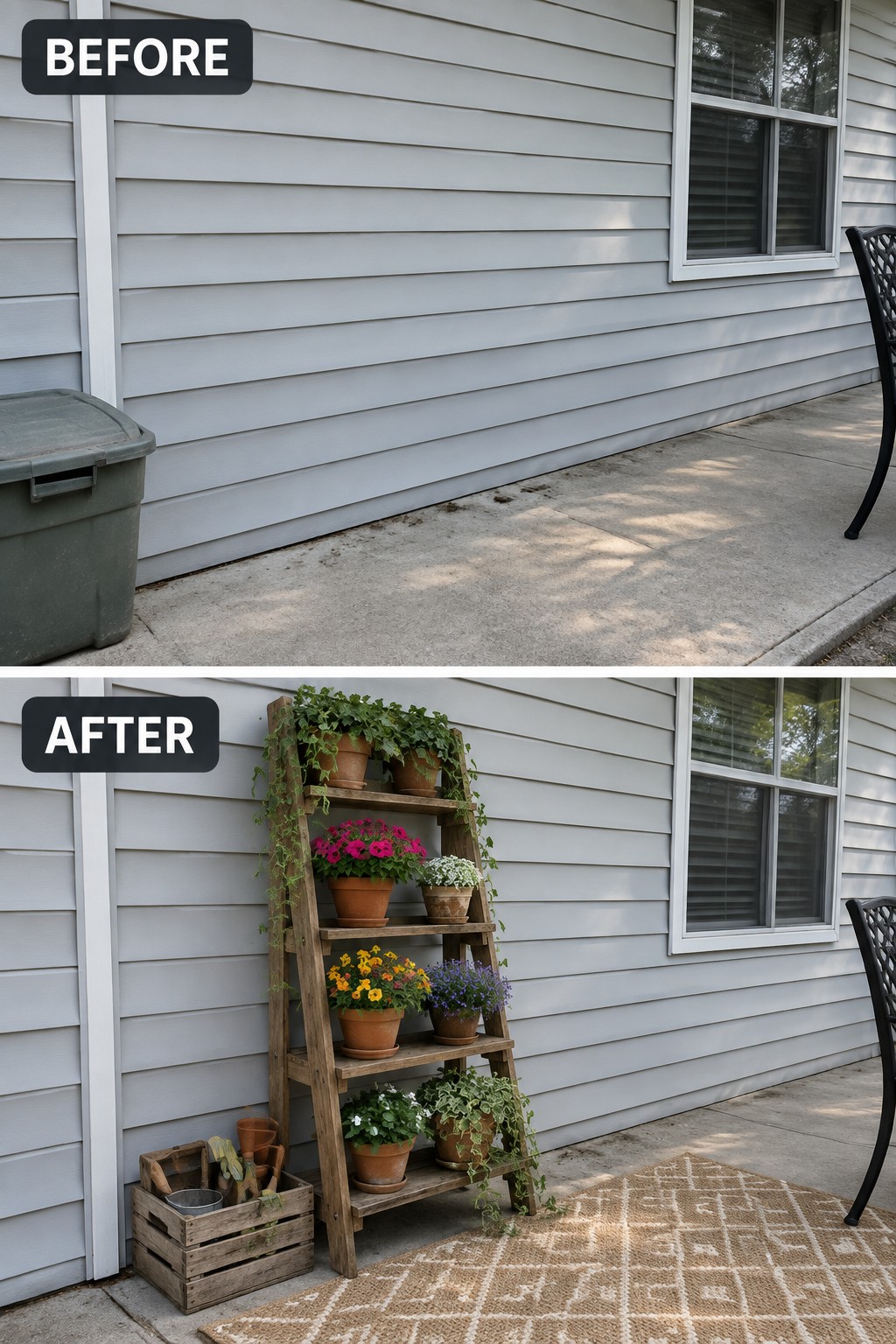 Before and after of wooden ladder turned into plant stand with flowers and vines