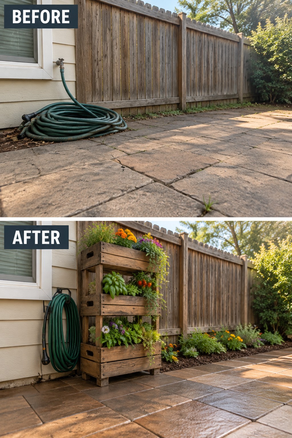 Before-and-after patio with coiled green hose and flowering wooden crate planter