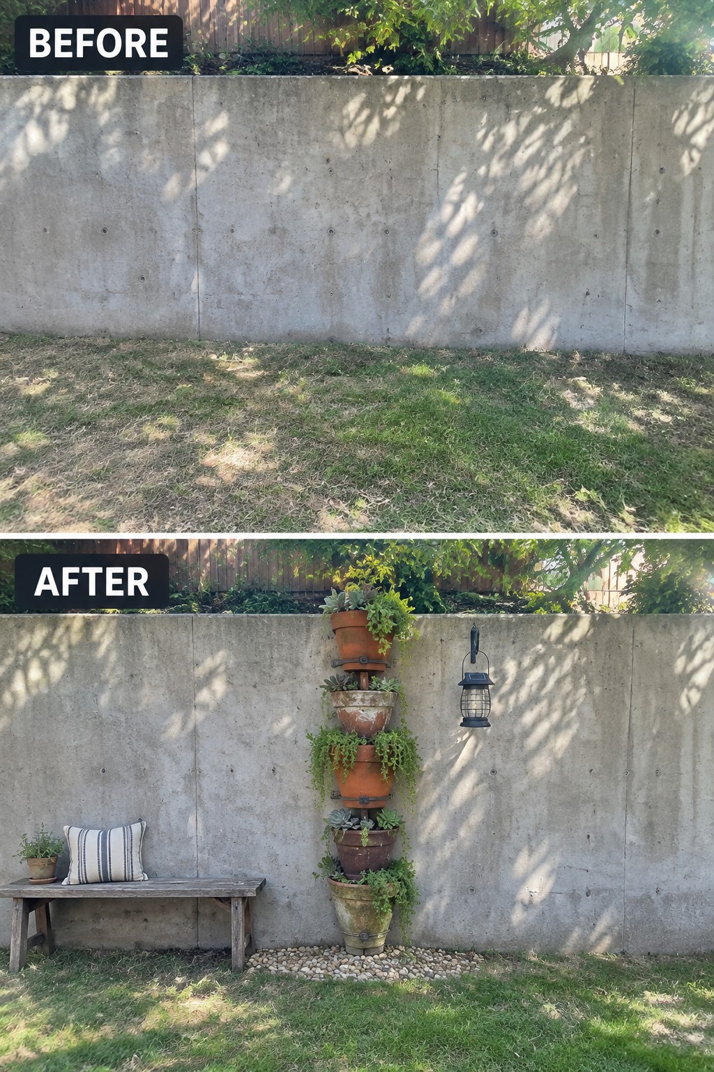 Before-and-after image of a concrete garden wall changed by adding a vertical stack of planted pots, a wooden bench, gravel, and a lantern.