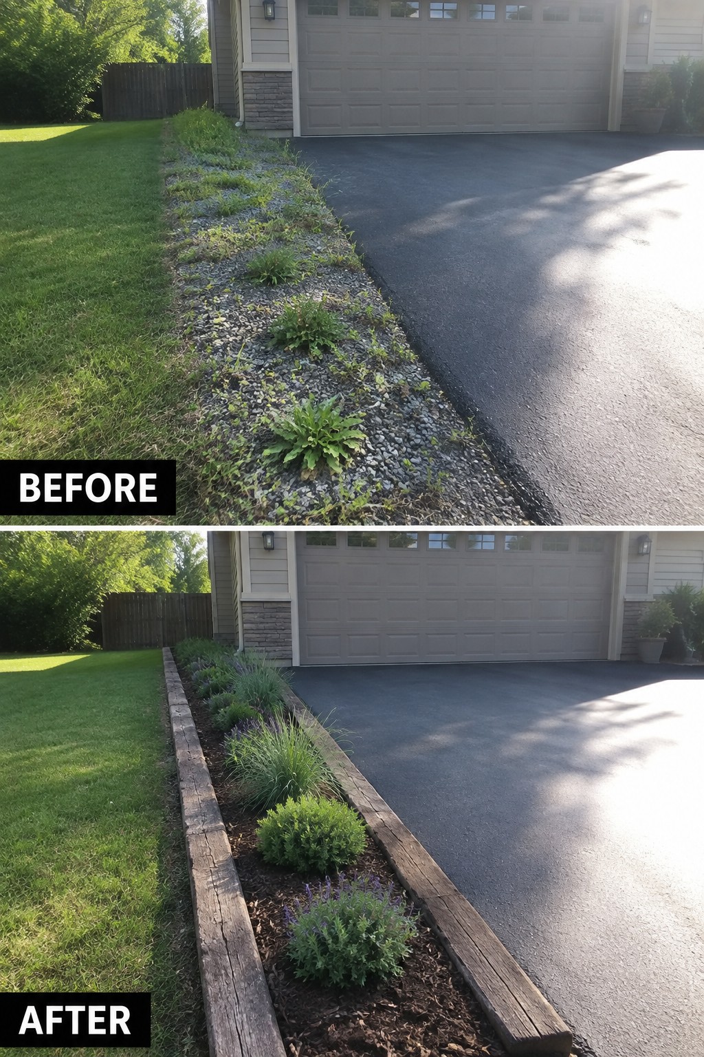 Before-and-after driveway edge: weedy gravel strip becomes mulched garden bed with wood borders and plants.