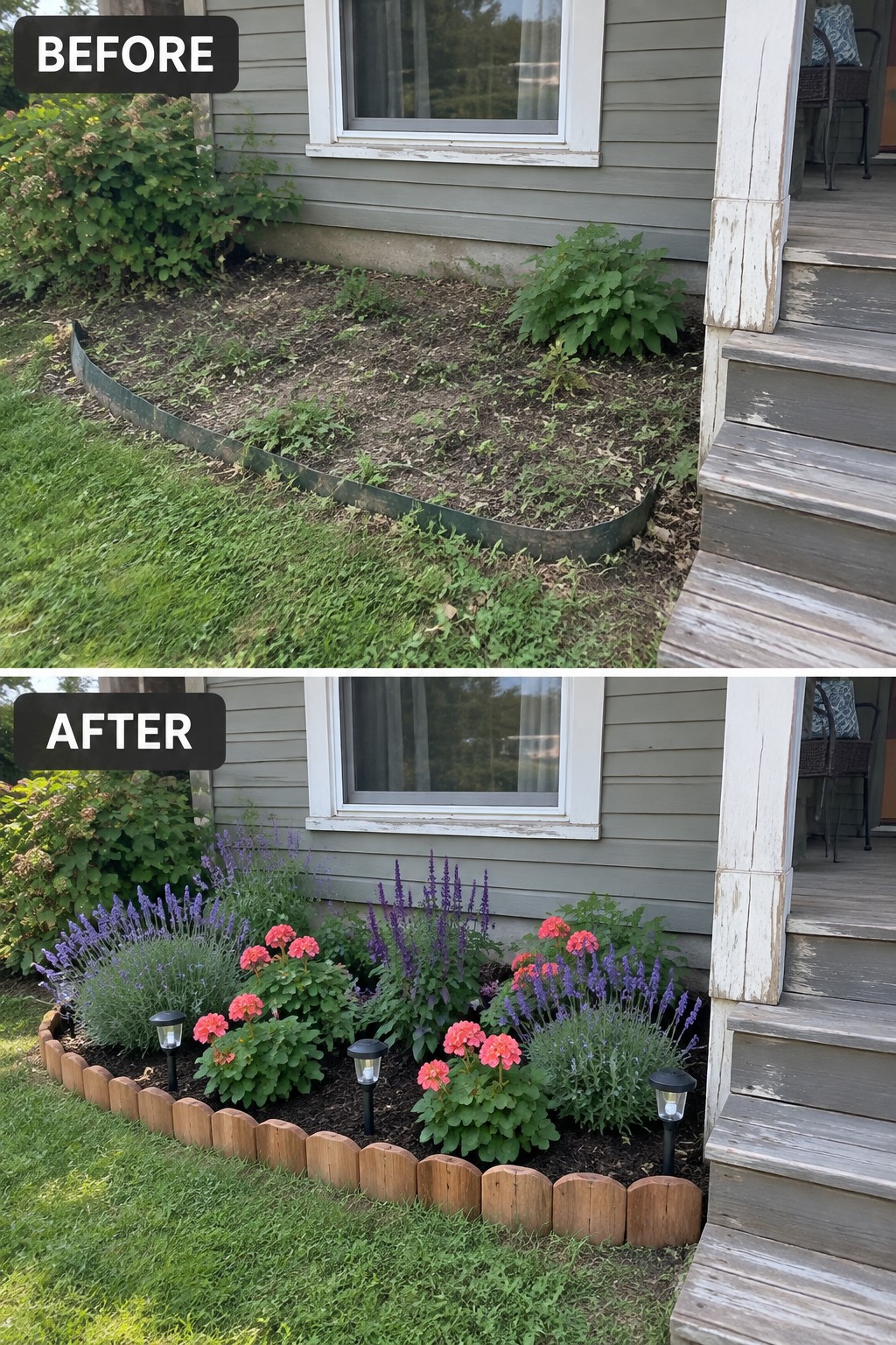 Before-and-after image of an overgrown garden border next to a house changed into a neat flower bed edged with wood logs, planted with flowers and lavender, and accented with solar lights.
