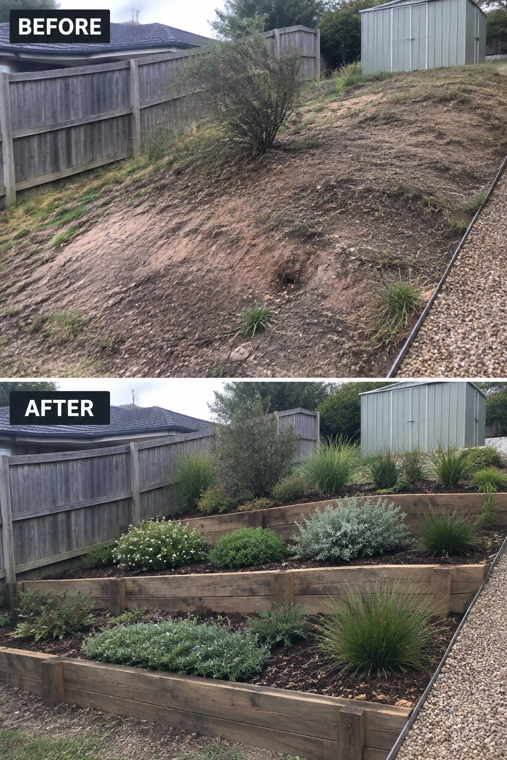 Before-and-after image of a bare sloped yard changed into terraced garden beds edged with natural wood and filled with mulch and plants.