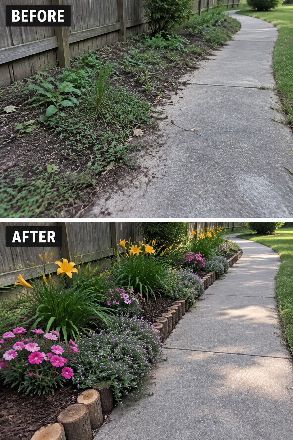 Before and after of weedy garden bed transformed into colorful flower border by path.