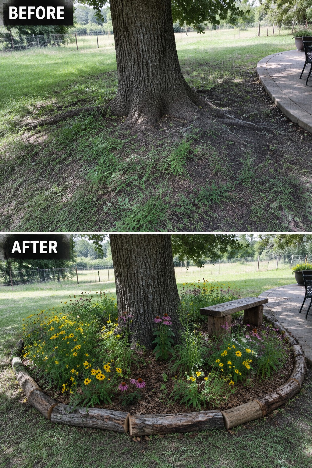 Before-and-after of tree base: weeds replaced by mulched flower bed, log border, and bench