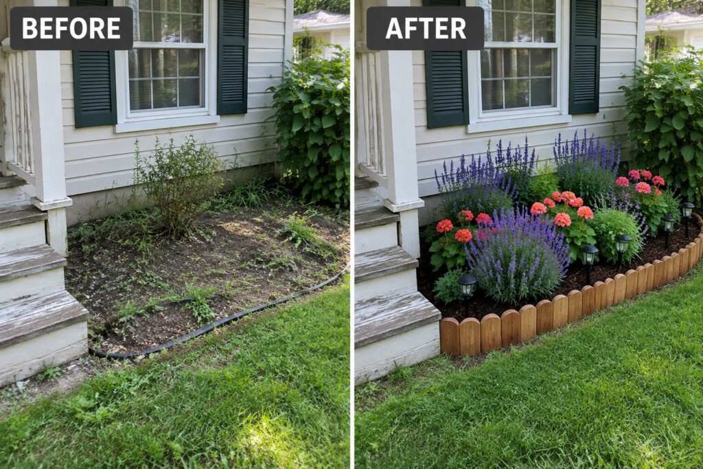 22 Creative Flower Bed Makeovers Using Natural Wood Edging Before-and-after image of an overgrown garden border next to a house changed into a neat flower bed edged with wood logs, planted with flowers and lavender, and accented with solar lights.