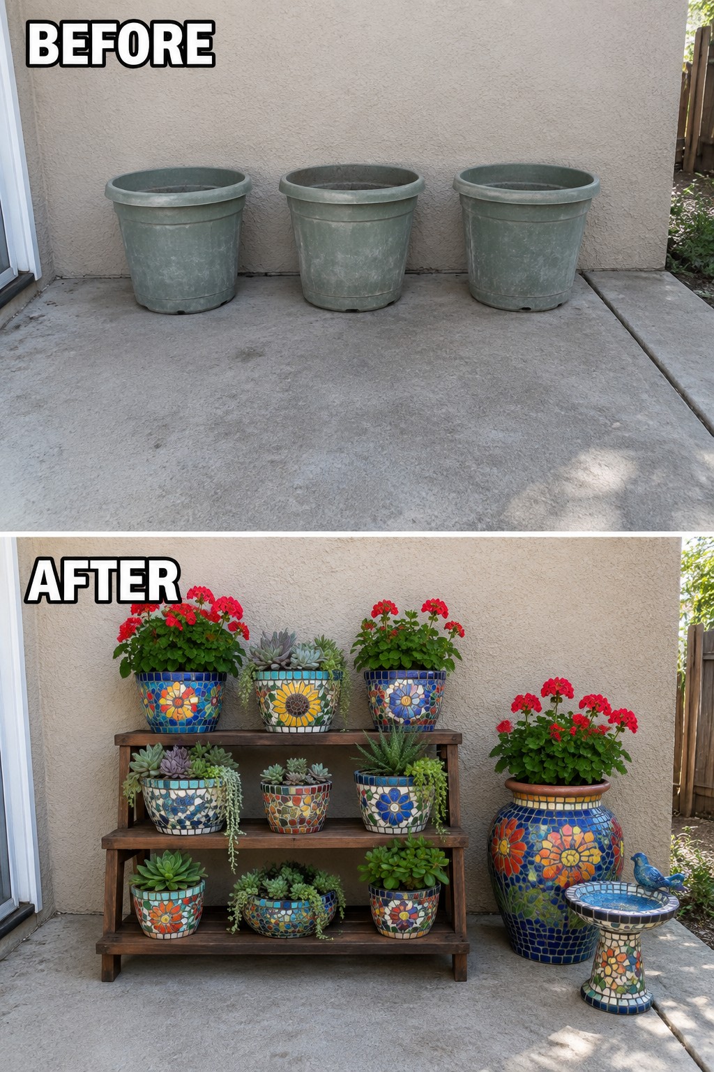 Before-and-after image of three plain green planters on concrete changed into a multi-level display with a wooden shelf, colorful mosaic pots, flowering plants, and a large decorative urn.
