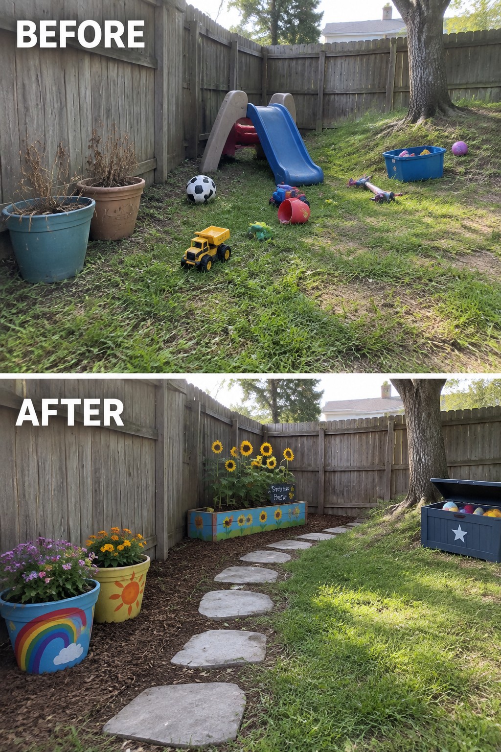 Before and after backyard transformation: cluttered toys to painted pots, sunflowers, stone path