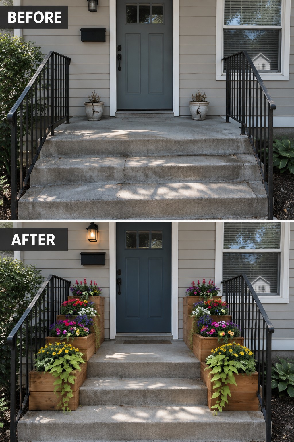 Before and after porch steps with colorful wooden flower planters and railings