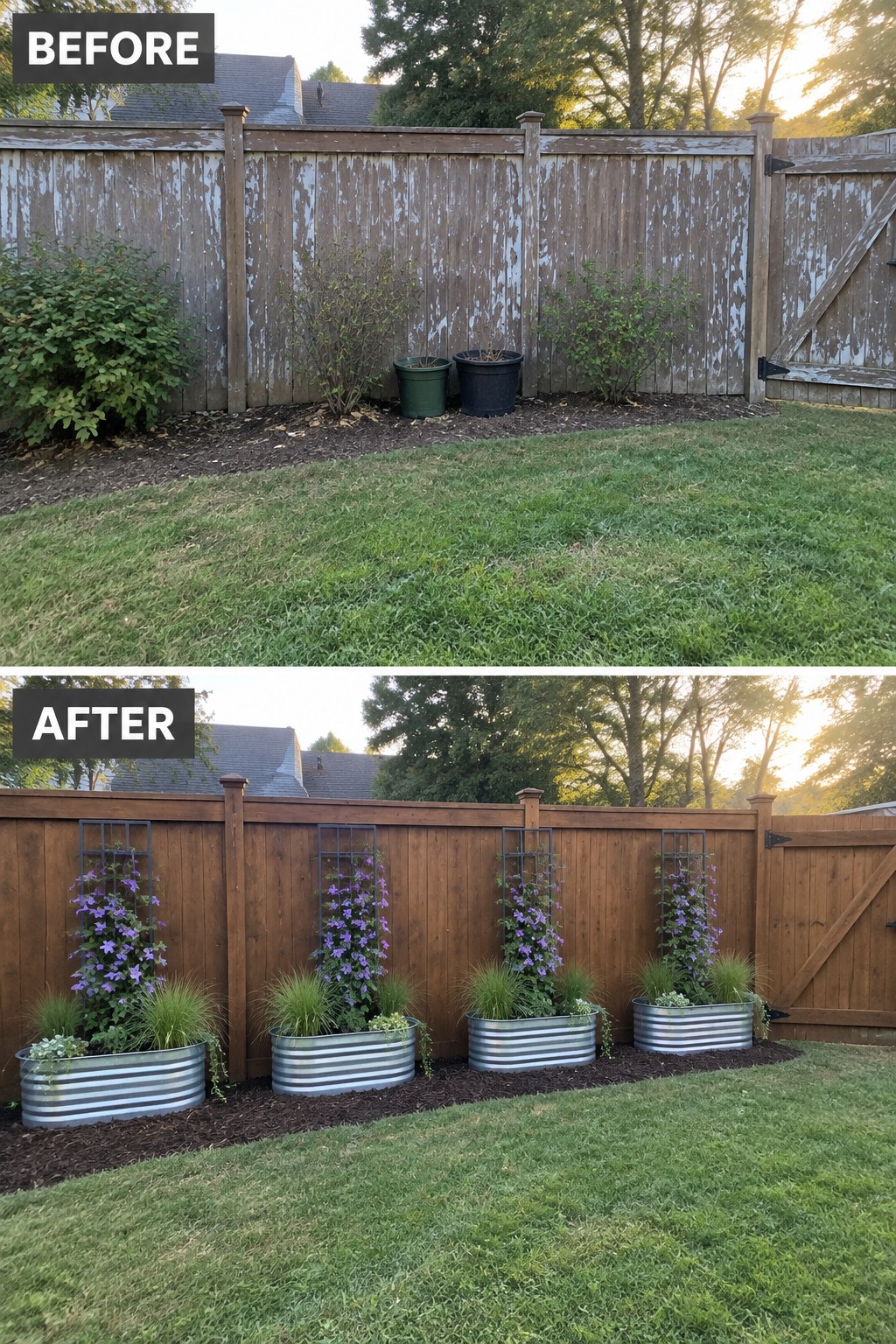 Before-and-after image of a backyard fence line changed from a bare strip with scattered pots to a neat row of metal trough planters with trellises and purple flowering vines.